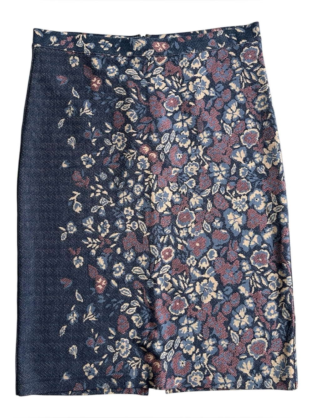 Anthropologie Navy Floral Jacquard Pencil Skirt with Pink and Cream Blooms